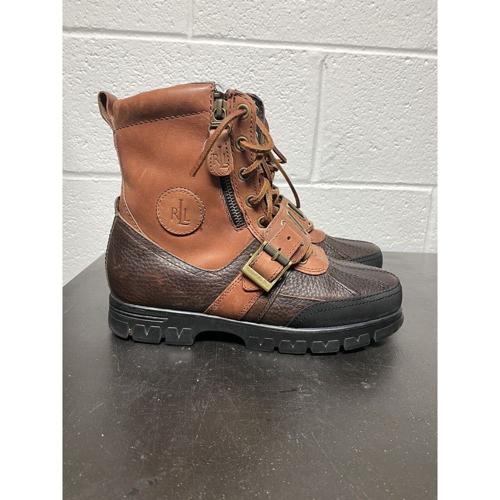 Ralph Lauren Boots 7.5B Quanita Brown Leather Lace Up Combat Boots Zipper Buckle